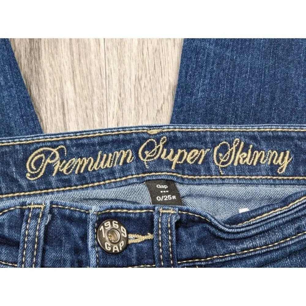 Gap Womens Size 0 / 25 R‎ Super Skinny Whiskered Premium Denim Blue Jeans